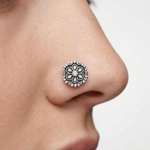 Silver floral traditional nose pin